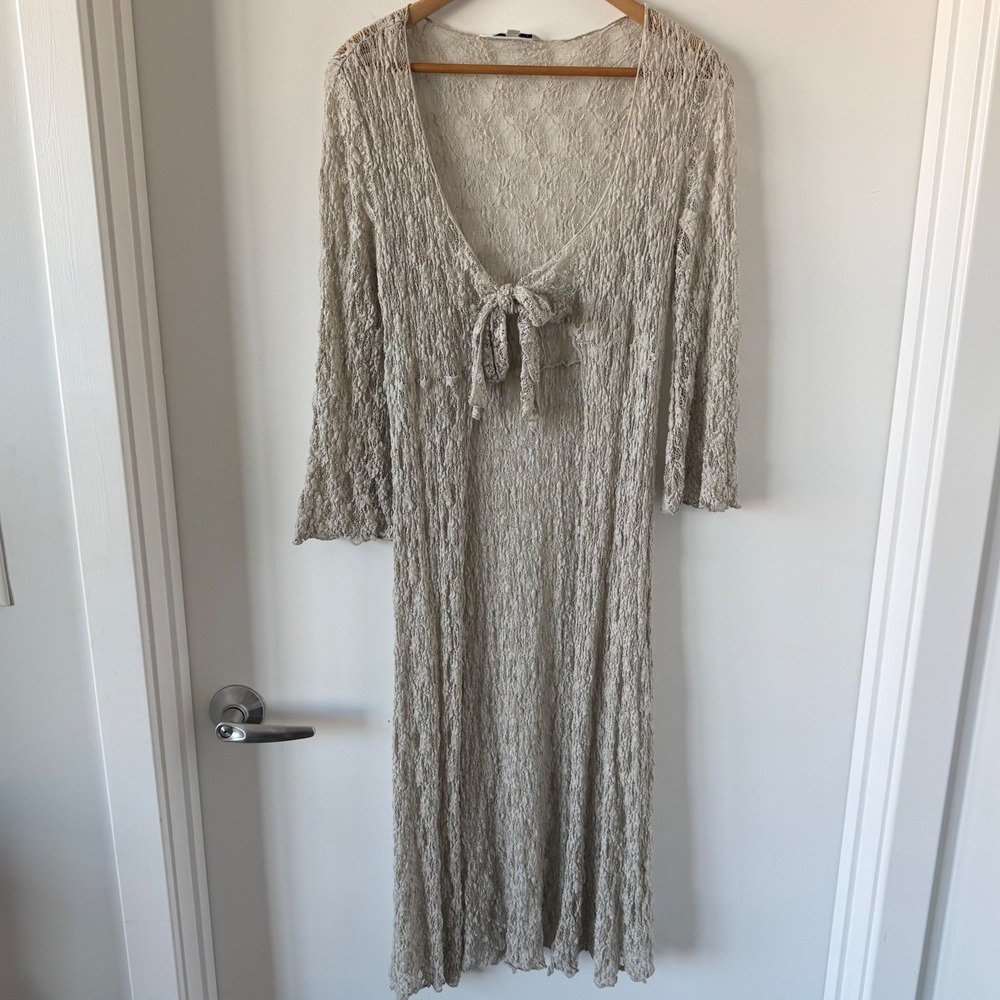 Cabi Sheer long open lace cardigan tie front taupe Small bell sleeve boho